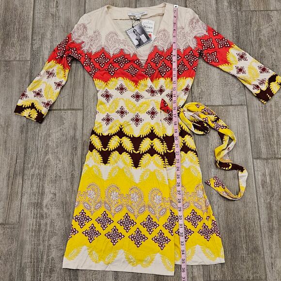 Diane Von Furstenberg Dress Womens 6 Yellow Red Julian Indian Border Wrap Silk - Picture 5 of 16